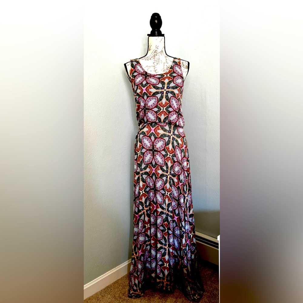 Renee C Maxi Dress Size Large Multi colored Rayon/Spandex elastic waist